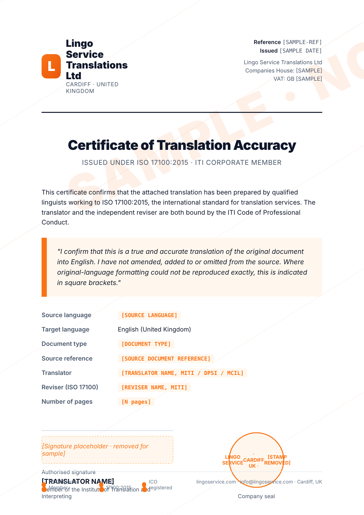 Sample Lingo Service Certificate of Translation Accuracy — the format you receive with every certified translation. Placeholders replace identifying information so this sample cannot be reused as a template.